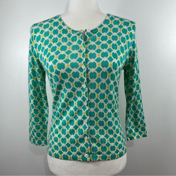 Garnet Hill 100% Merino Wool Geometric Print Sweater Cardigan Size Small Preppy - Picture 9 of 9